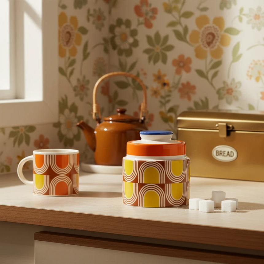 Decorative jar with a geometric pattern on a beige background