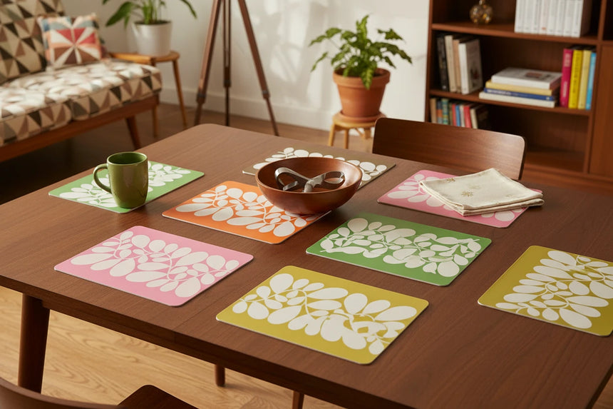 Set of six floral-patterned placemats in various colors on a beige background