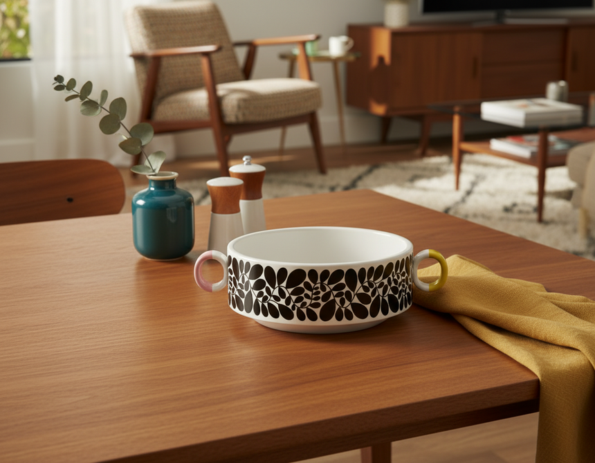 Ceramic bowl with black floral pattern and colorful handles on a white background