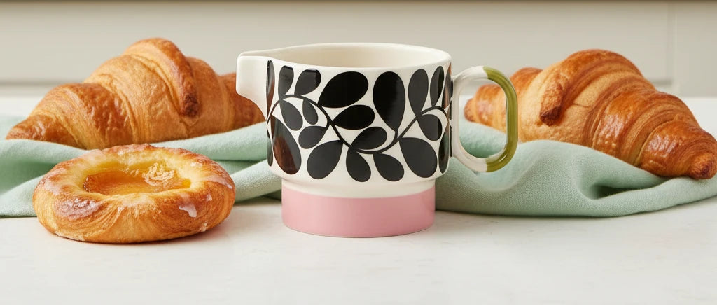 Ceramic mug with black leaf pattern and pink base on a light beige background