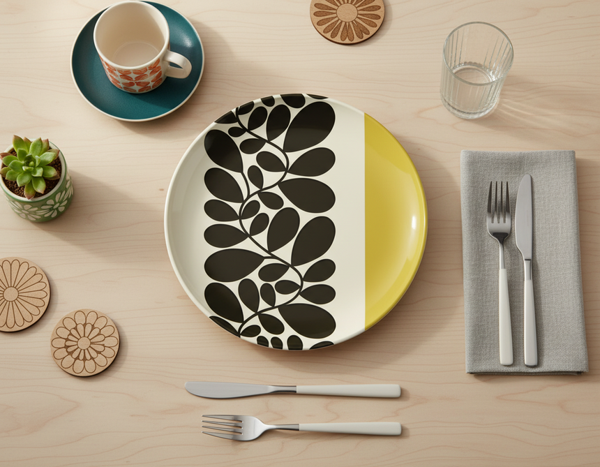 Round plate with black leaf pattern on a white background