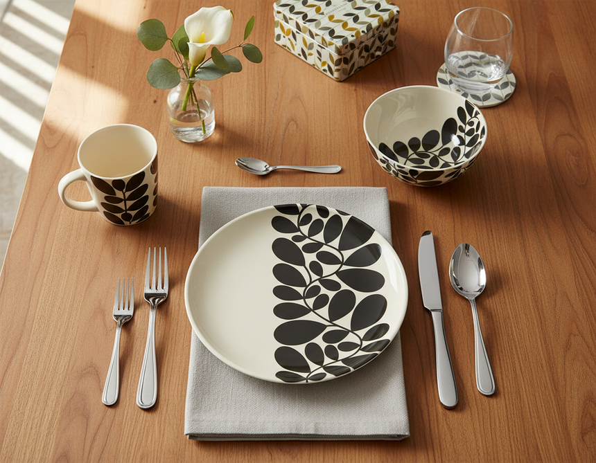 Round ceramic plate with black leaf pattern on a white background