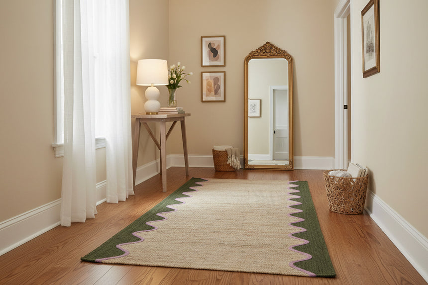 Woven rug with wavy pattern on a white background