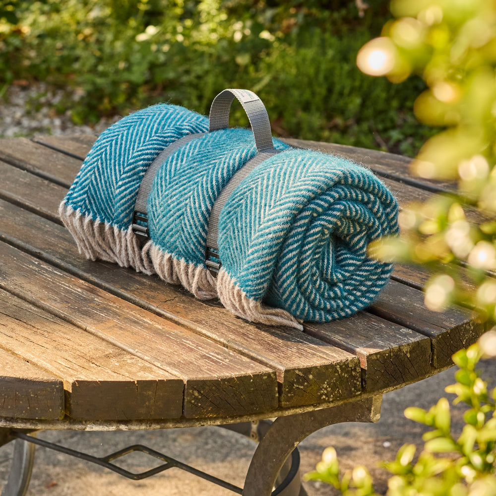 Tweedmill Polo Pure Wool Knitted Picnic Blanket, Herringbone, Teal & Hazel