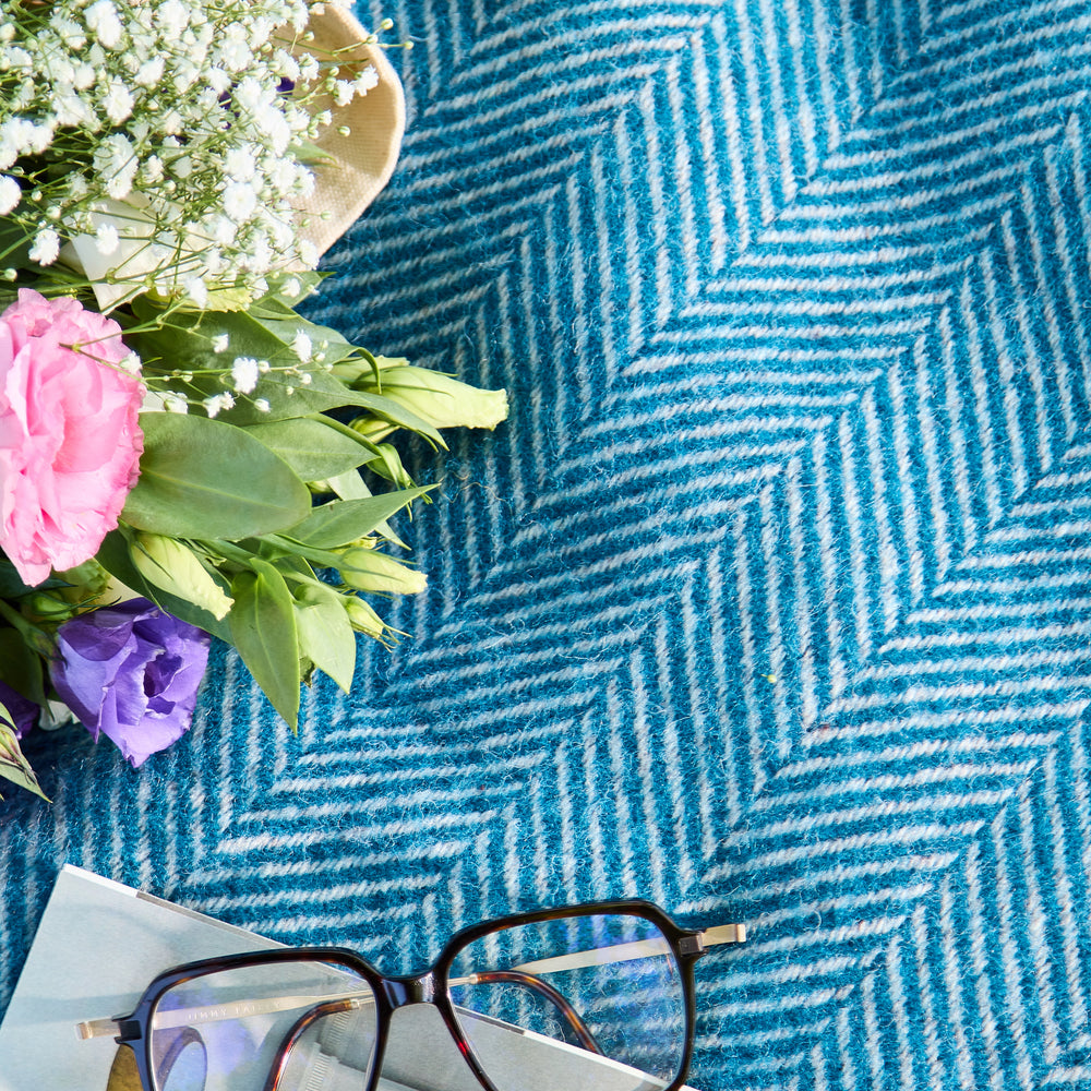 Tweedmill Polo Pure Wool Knitted Picnic Blanket, Herringbone, Teal & Hazel