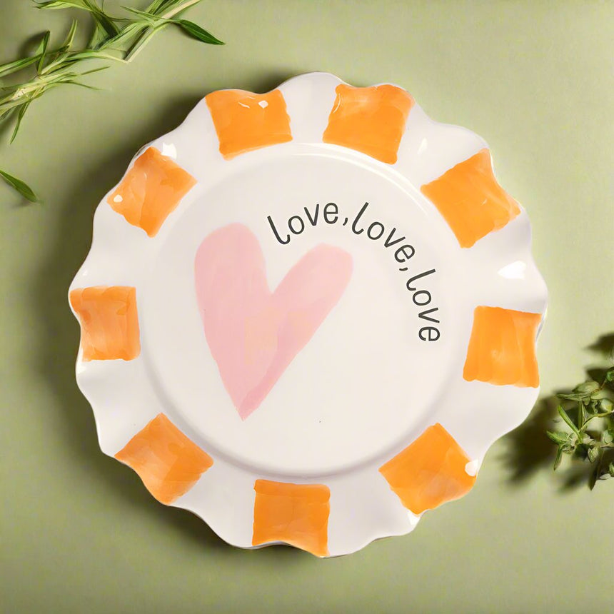 Caroline Gardner Orange Stripes Side Plate, Pink Heart