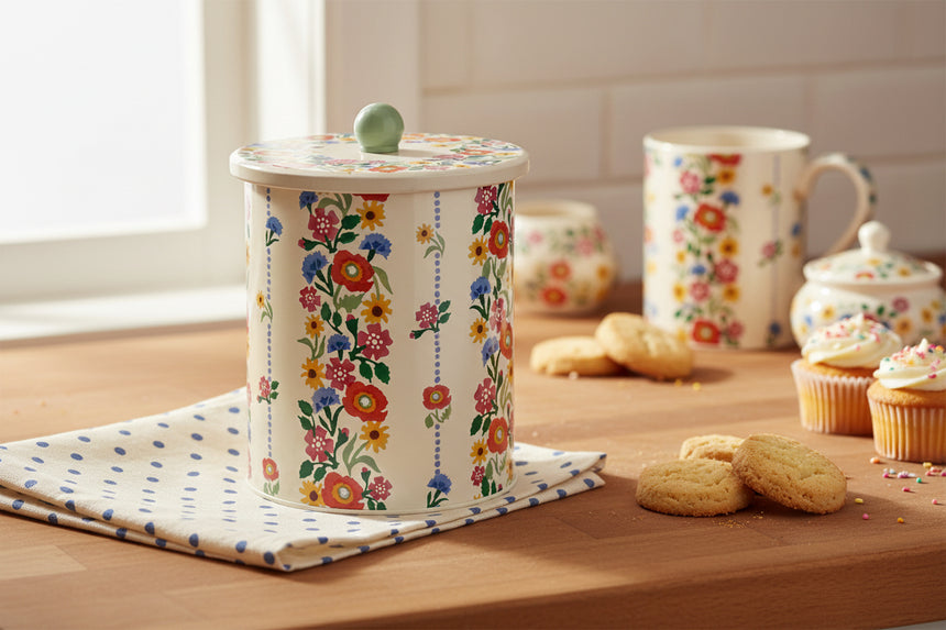 Decorative cylindrical container with floral pattern on a white background