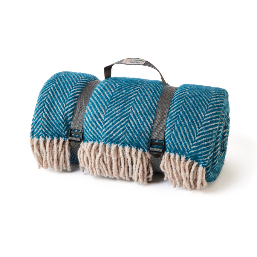 Tweedmill Polo Pure Wool Knitted Picnic Blanket, Herringbone, Teal & Hazel