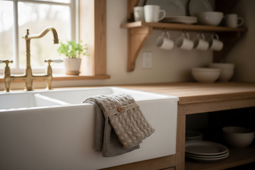 Folded textured tea towels with a button on a wooden surface