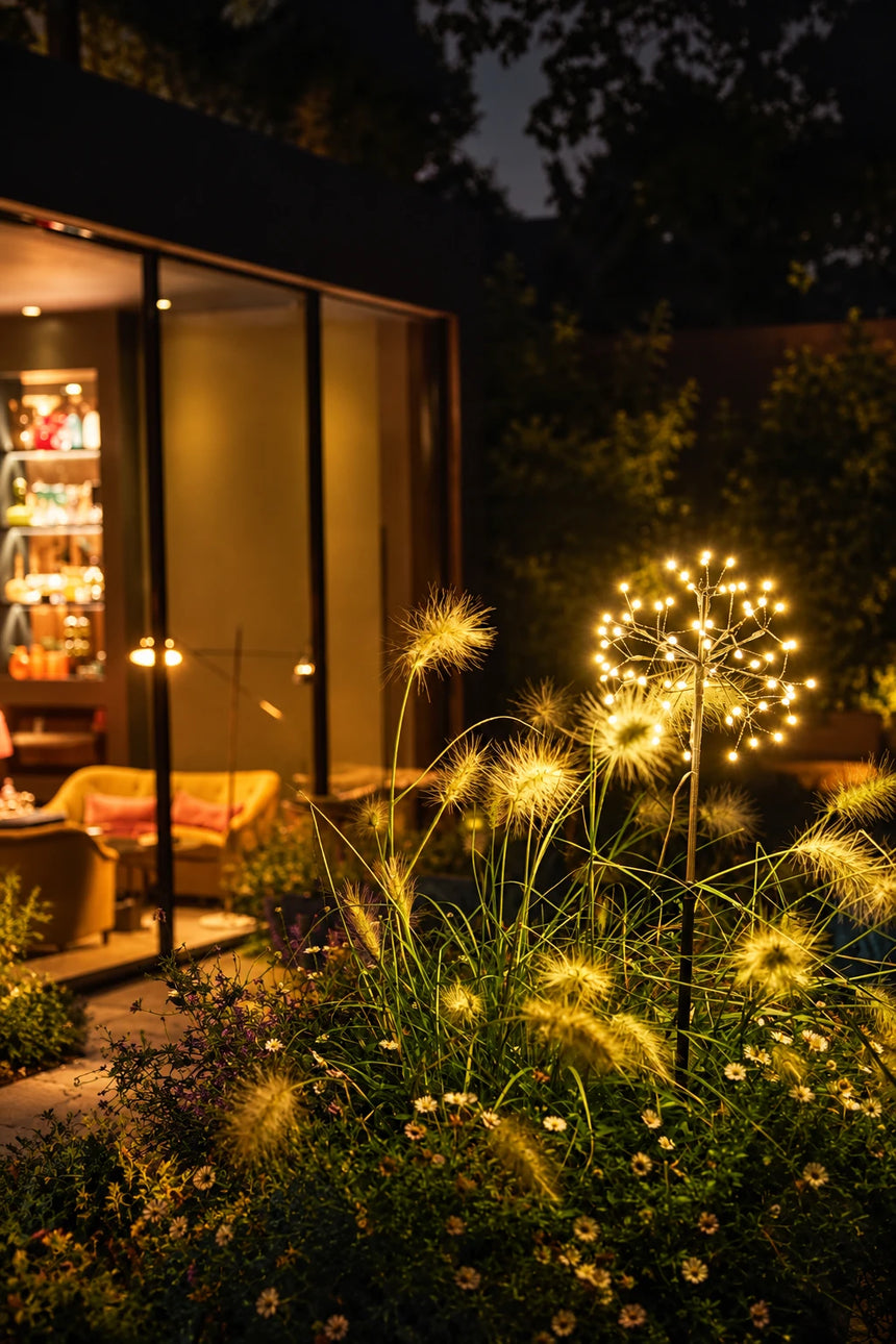 A garden scene at night with glowing dandelion-style lights among tall grasses in front of a lit building with large glass windows.