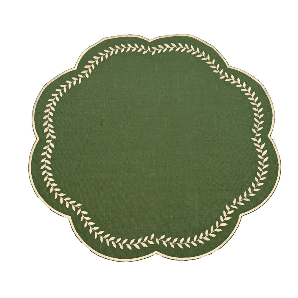 Walton & Co Scalloped Embroidered Leaf Placemat, Green