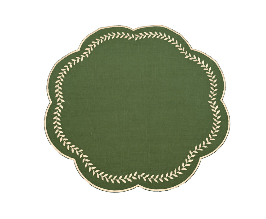 Walton & Co Scalloped Embroidered Leaf Placemat, Green