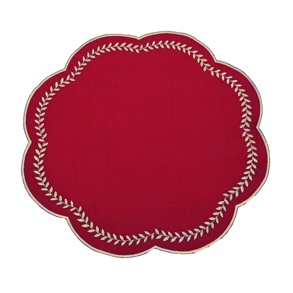 Walton & Co Scalloped Embroidered Leaf Placemat, Red