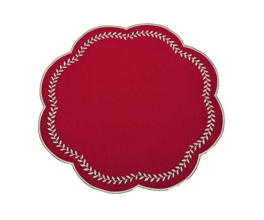 Walton & Co Scalloped Embroidered Leaf Placemat, Red
