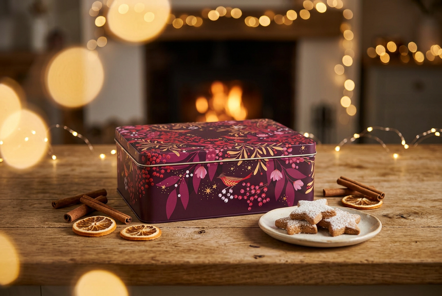 Sara Miller Deep Rectangular Storage Tin, Berry Wreath