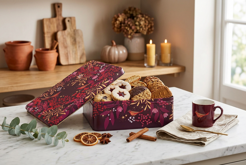 Sara Miller Deep Rectangular Storage Tin, Berry Wreath