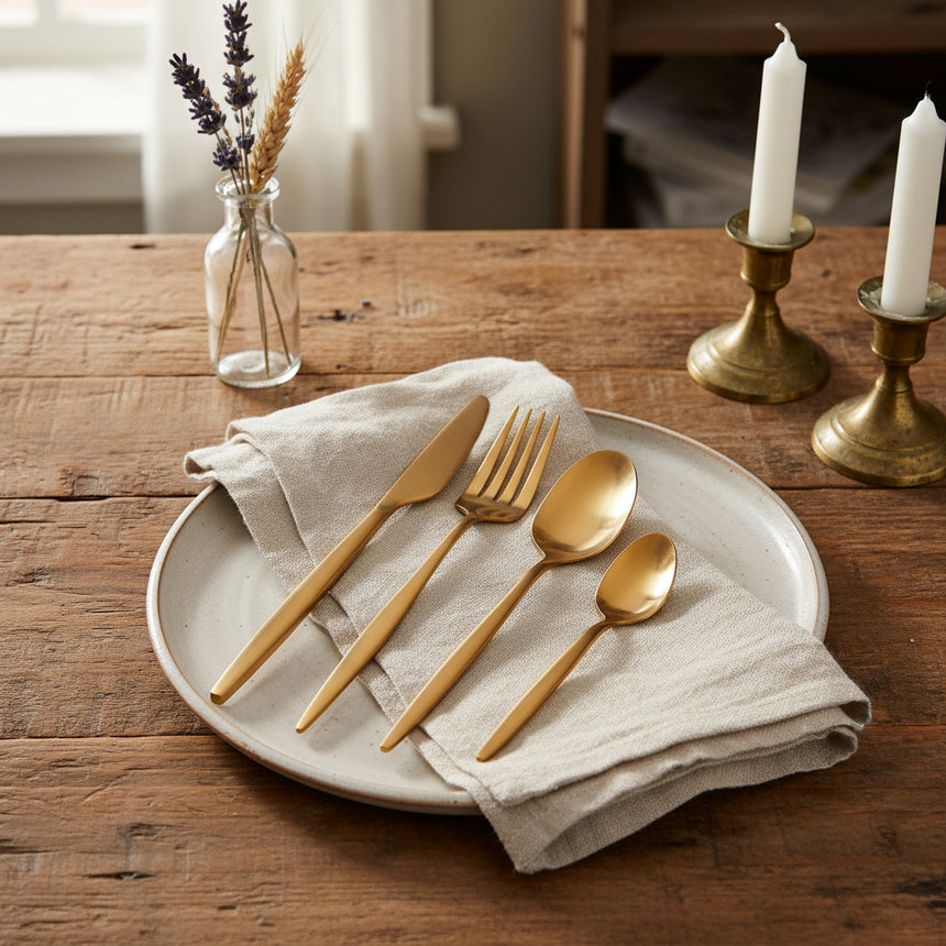 Set of gold-colored cutlery including a knife, fork, and two spoons on a white background.