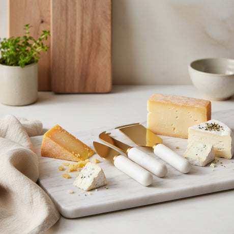 Set of three cheese knives with gold blades and white handles on a white background