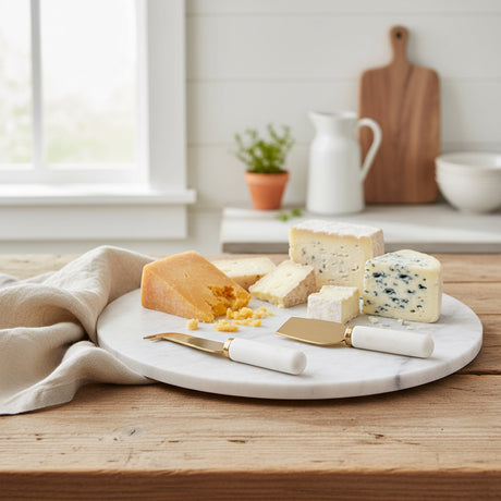 Set of three cheese knives tools with marble  handles on a white background