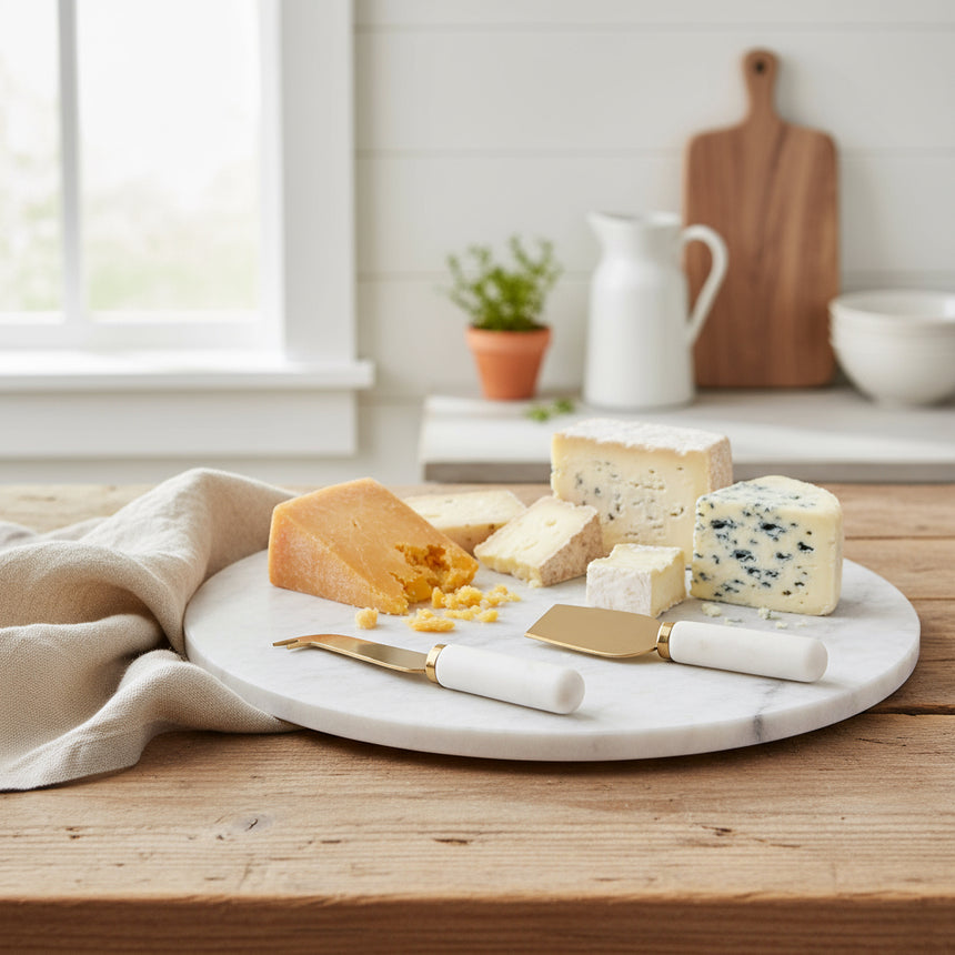 Set of three cheese knives tools with marble  handles on a white background