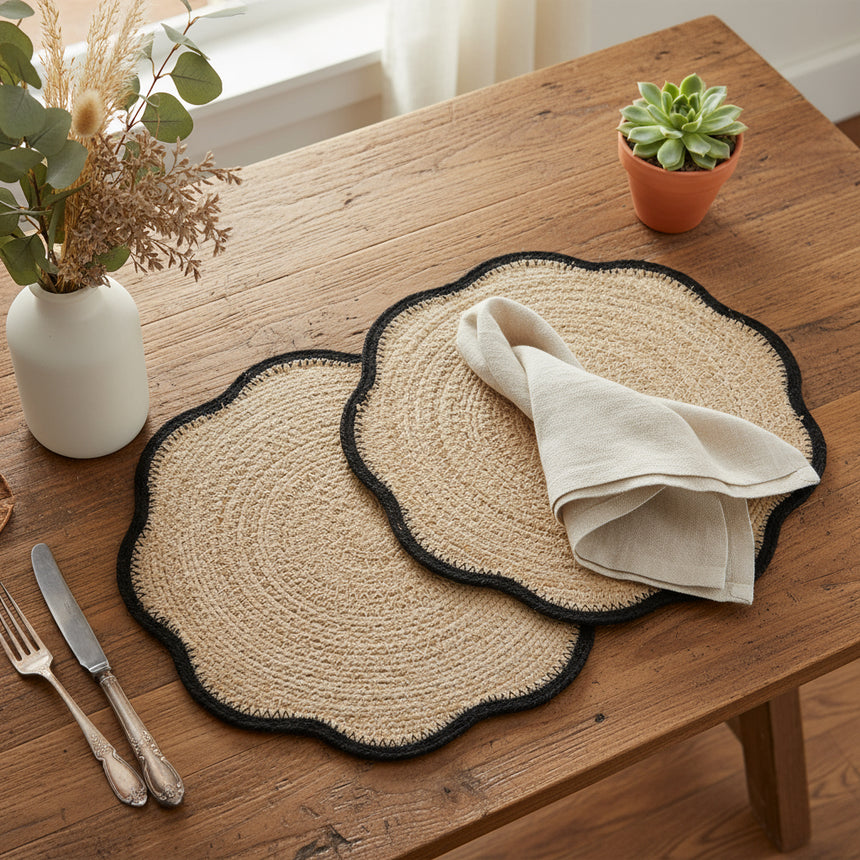 Two round woven placemats with black edges on a white background