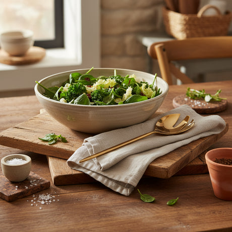 Gold-colored salad server on a white background