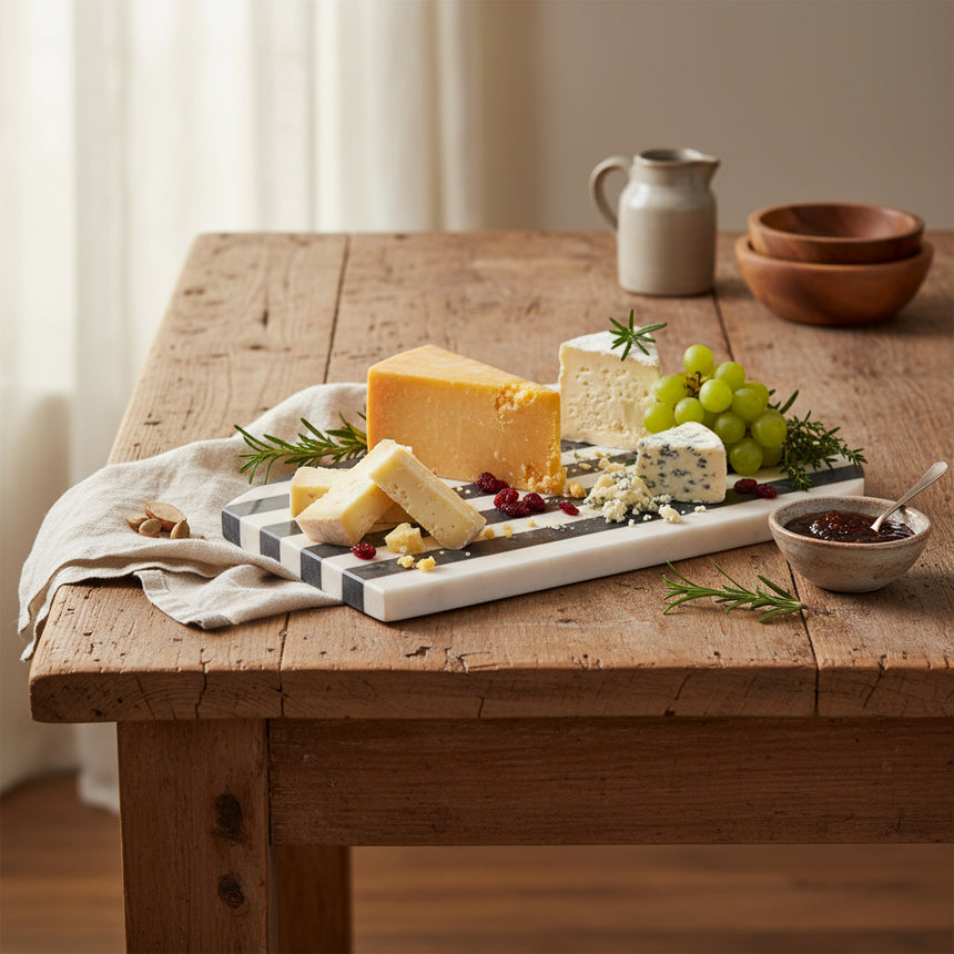 Marble serving board with black and white striped pattern on a white background