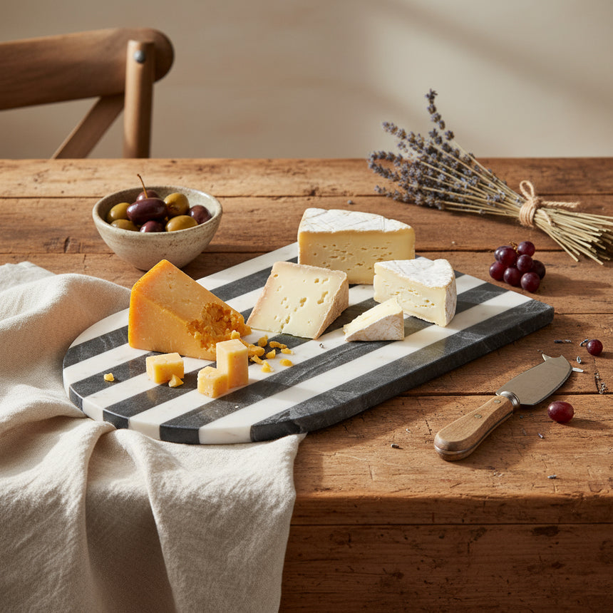 Rectangular cutting board with black and white stripes on a white background