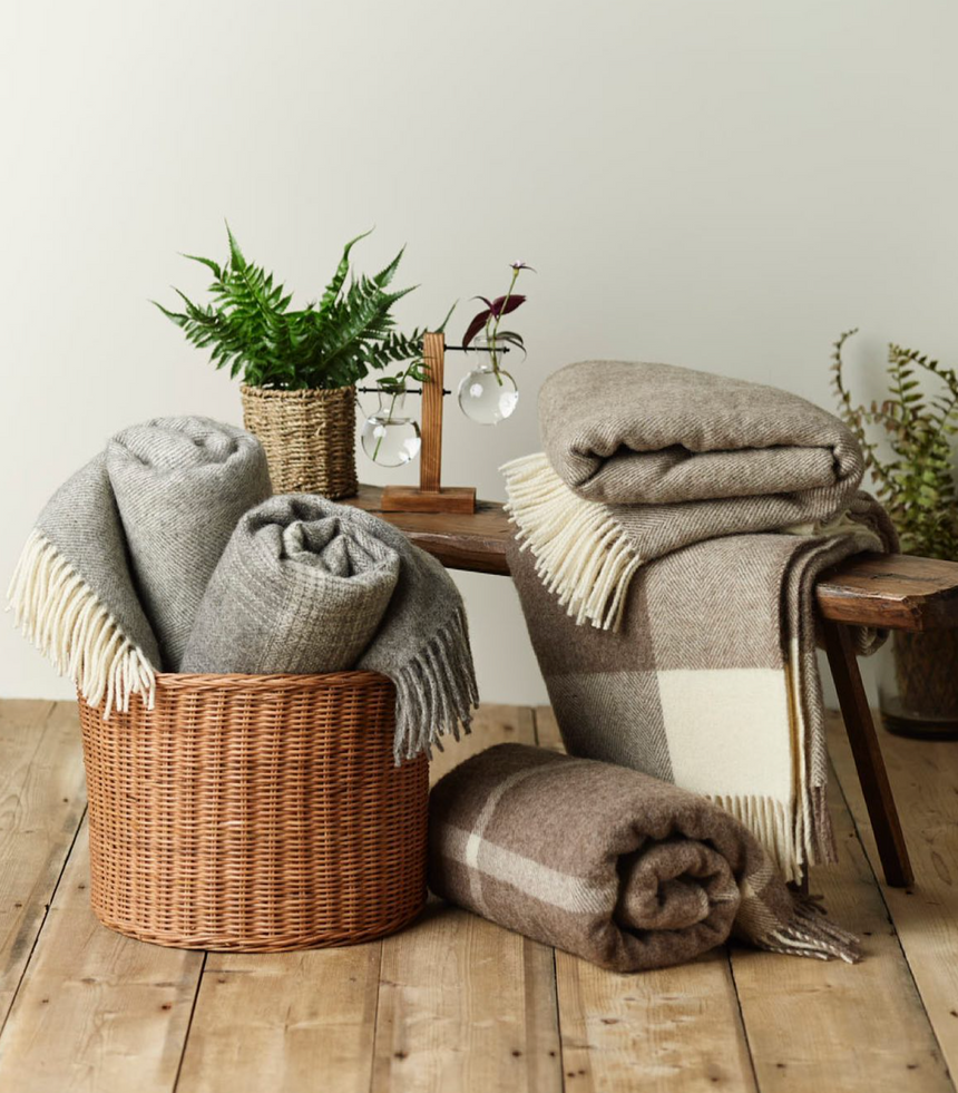 Bronte By Moon Herringbone Pure New Wool Throw, Vintage Grey