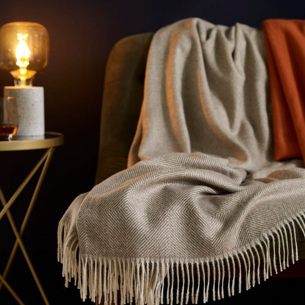 Bronte By Moon Herringbone Pure New Wool Throw, Vintage Grey