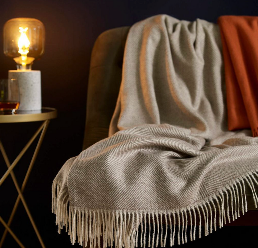 Bronte By Moon Herringbone Pure New Wool Throw, Vintage Grey