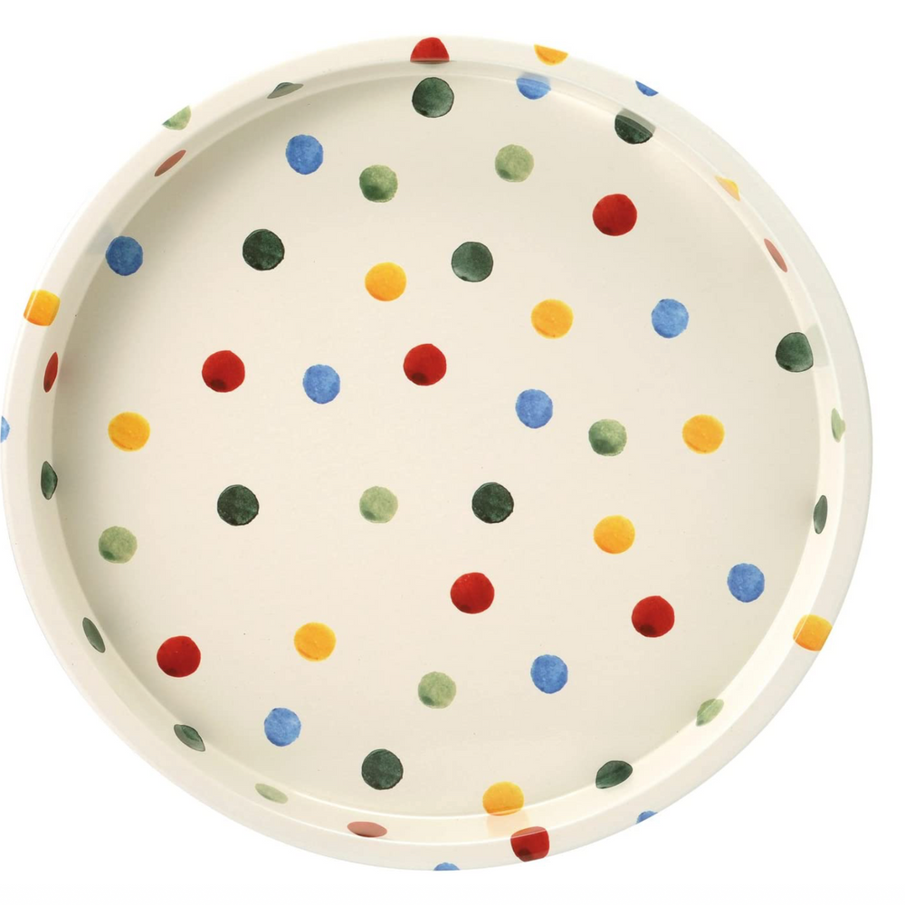 metal serving tray with multicolored polka dot pattern on a white background
