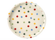 metal serving tray with multicolored polka dot pattern on a white background