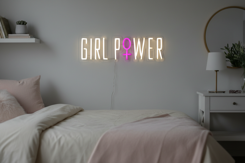 Neon sign with 'GIRL POWER' and a pink gender symbol on a black background