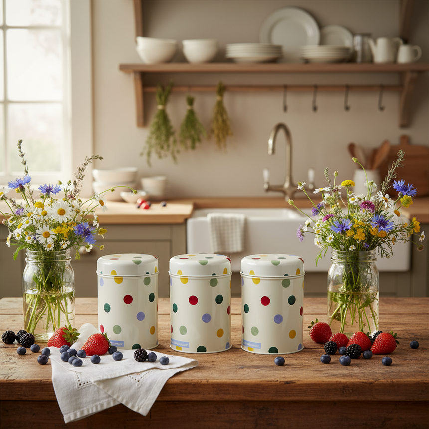 Set of three round storage canisters with multicolored polka dots on a white background.