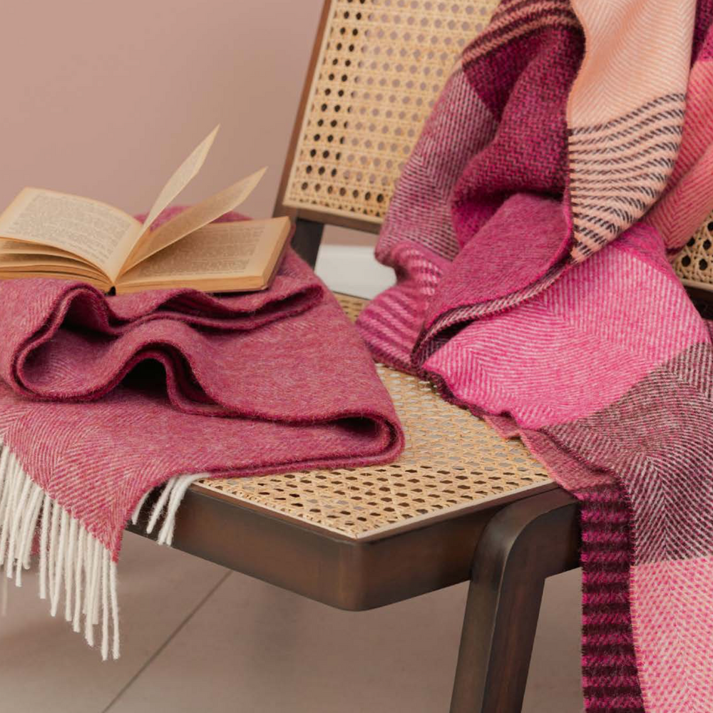 Bronte By Moon Herringbone Pure New Wool Throw, Raspberry Ripple