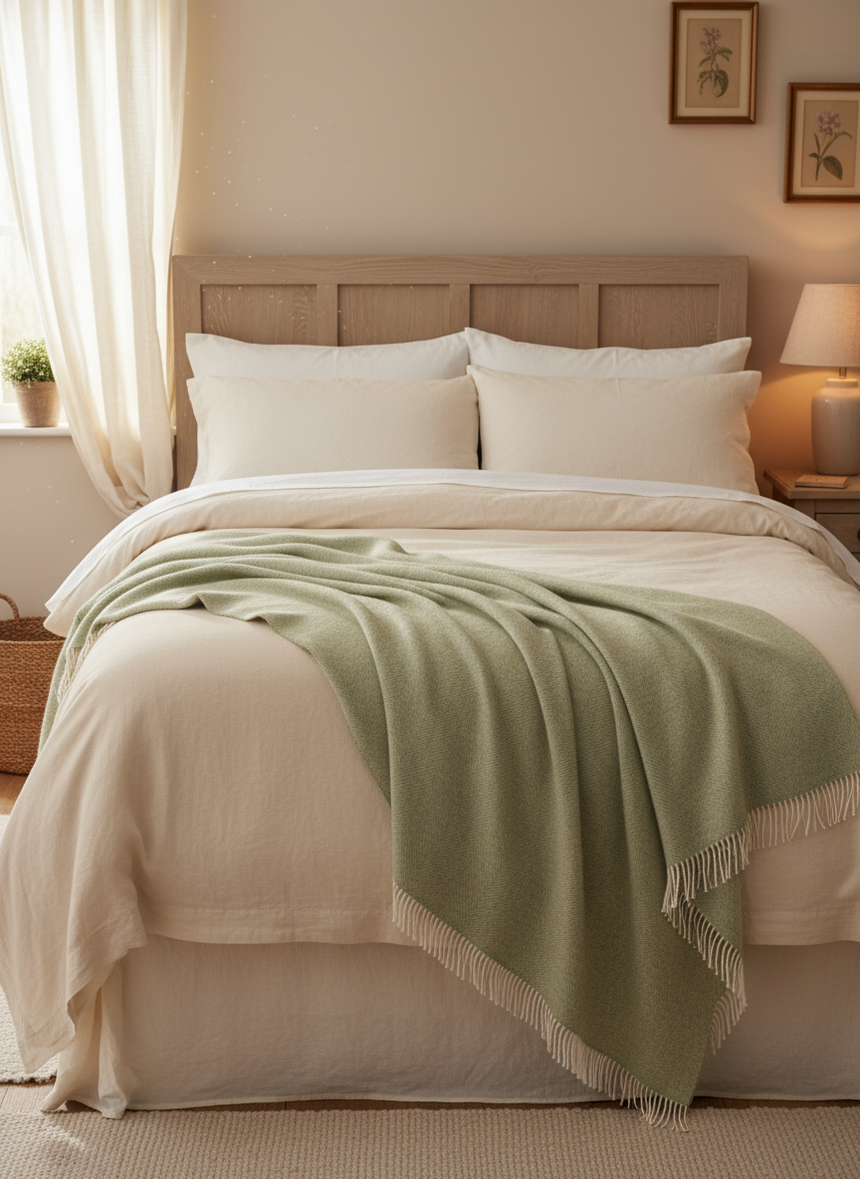 Bronte By Moon Herringbone Shetland Wool Throw, Light Sage