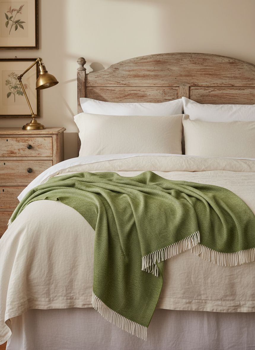 Bronte By Moon Herringbone Shetland Wool Throw, Apple