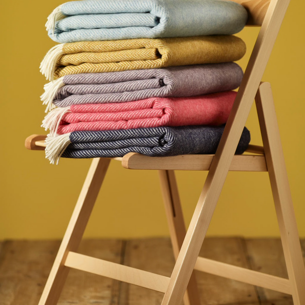 Bronte By Moon Herringbone Pure New Wool Throw, Blueberry