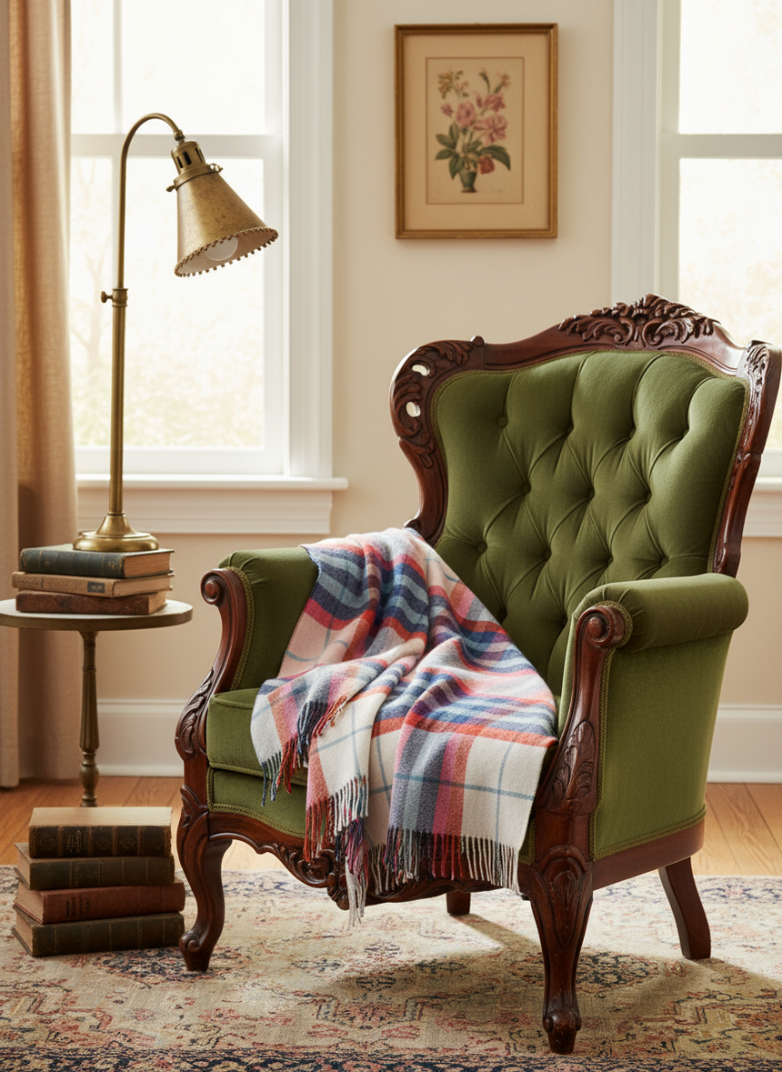 A checkered wool throw in red, blue, and beige, with tassels, draped over a chair.