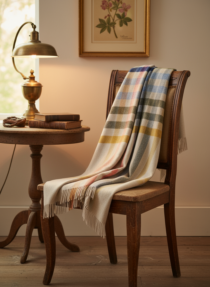 A beige wool throw with a multicolor windowpane design and tassels, draped over a plain surface.