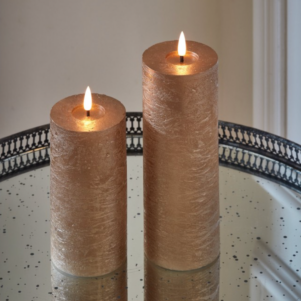 LED Pillar Metallic Candles Dark Champagne ( Set Of 2)