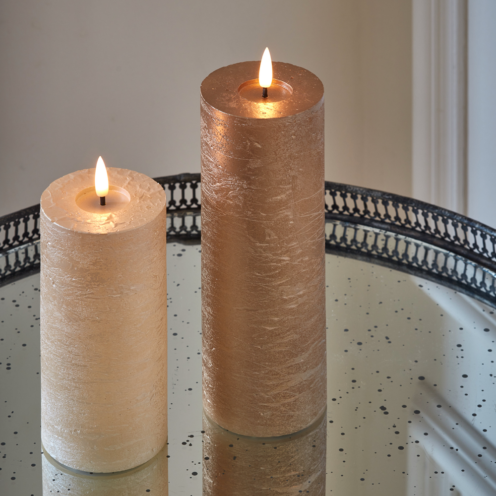 LED Pillar Metallic Candles Dark Champagne ( Set Of 2)