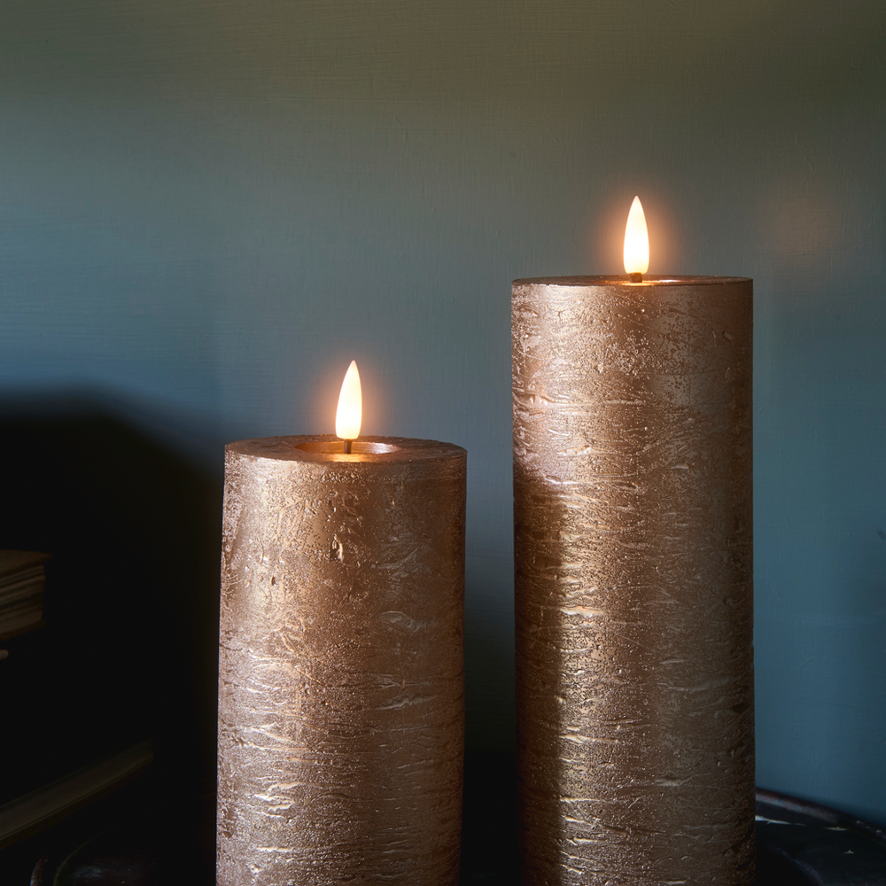 LED Pillar Metallic Candles Dark Champagne ( Set Of 2)