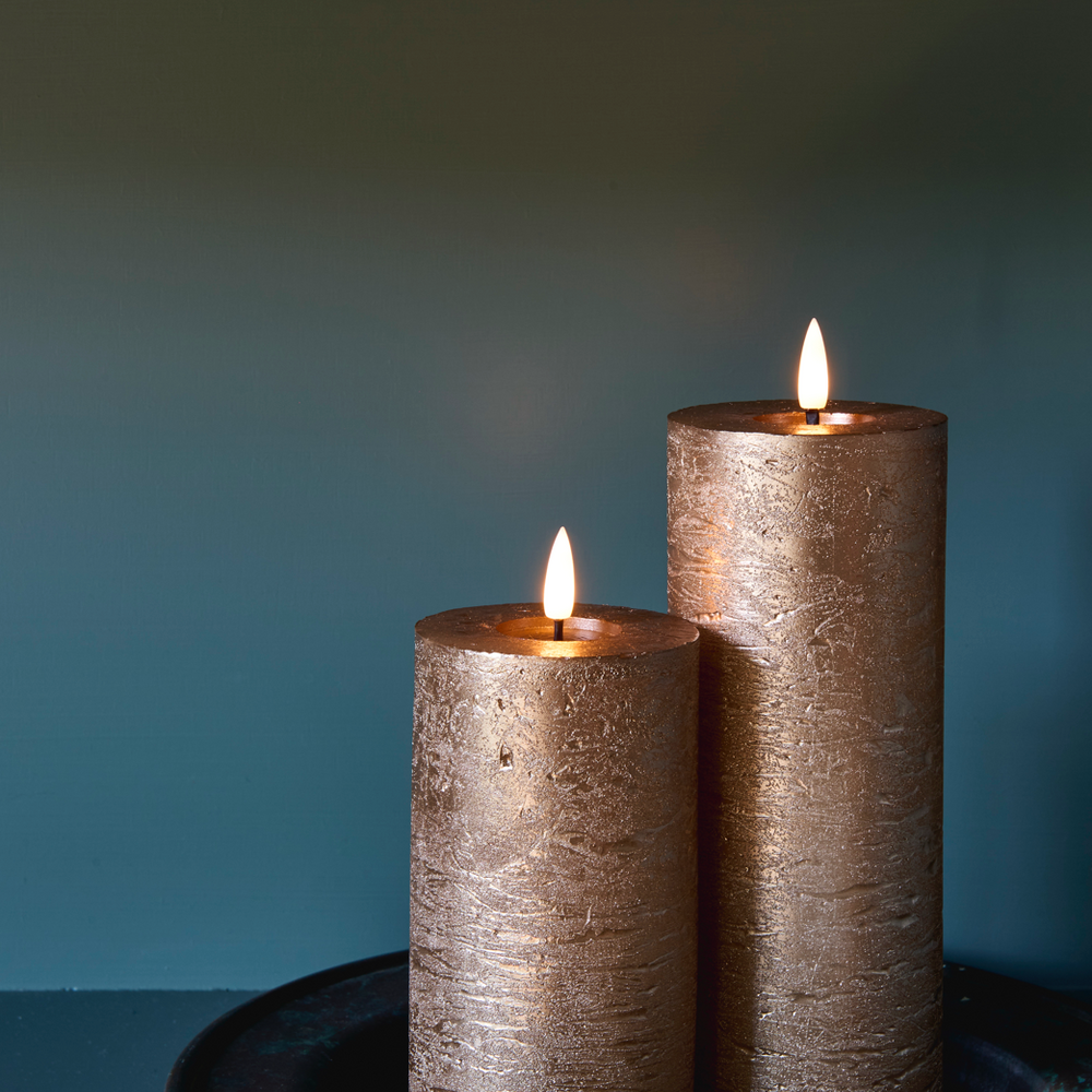 LED Pillar Metallic Candles Dark Champagne ( Set Of 2)
