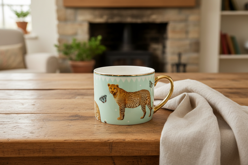 Mug with a leopard design on a light blue background