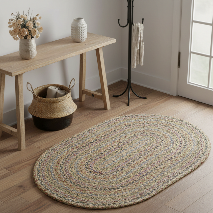 The Braided Rug Company Oval Jute Rug, Pastel Fairisle