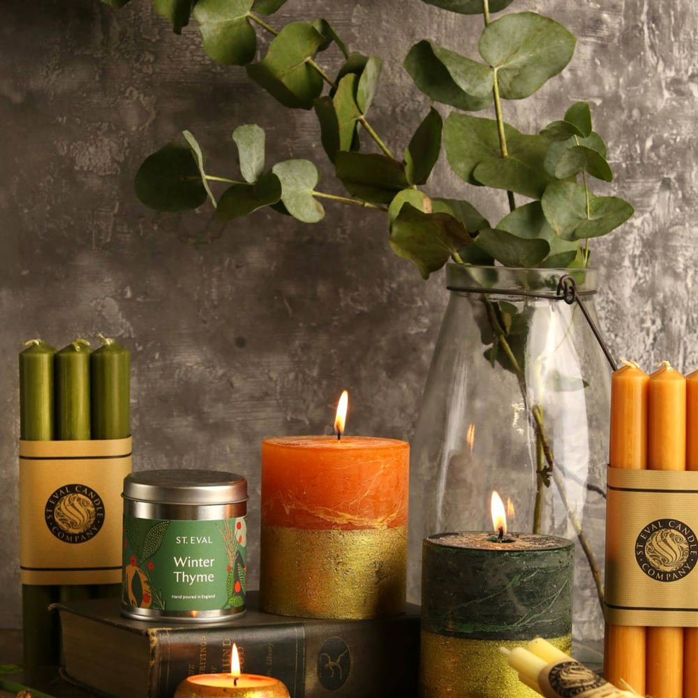 St Eval Gold Dipped Scented Pillar Candle, Winter Thyme
