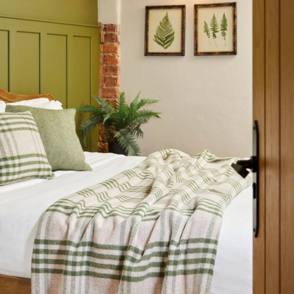 Tweedmill Hex Check Pure New Wool Throw, Olive Green
