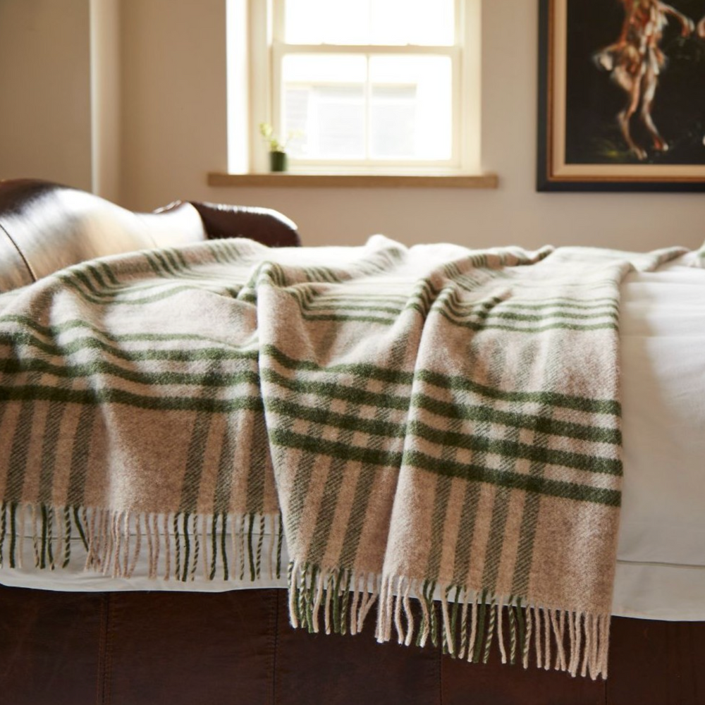 Tweedmill Hex Check Pure New Wool Throw, Olive Green